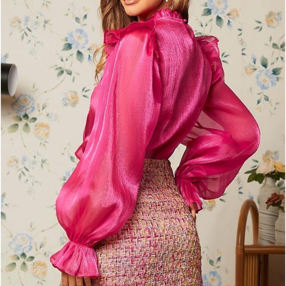 Sexy Sheer Flounce Long Sleeve Neck Tie Top Blouse Shirt Red - Picture 5 of 11